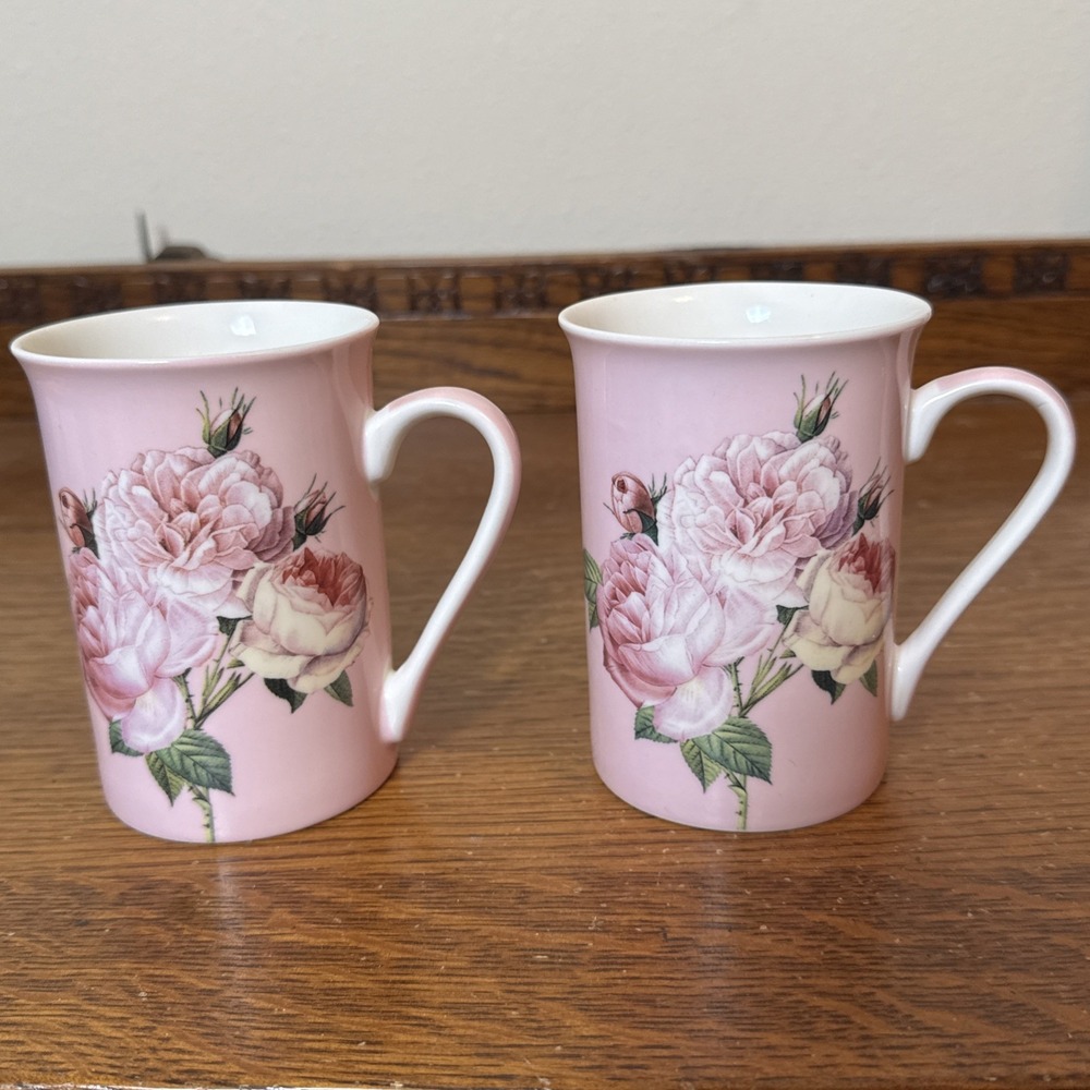 Kent Pottery England Pink Rose Bone China Mugs Set of 2 Floral 4.25"